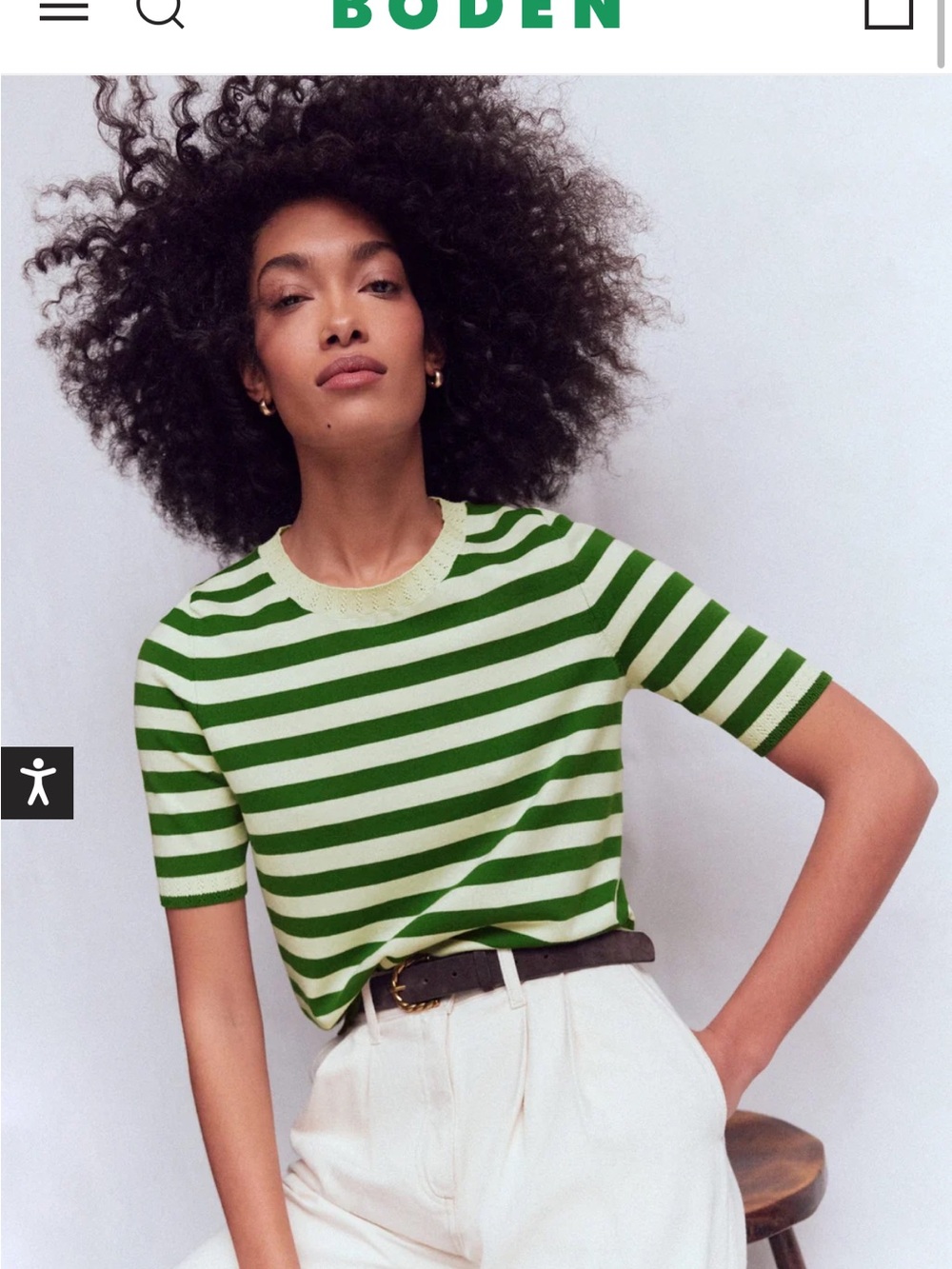 Boden Emilia Green and Cream Striped Short-Sleeve Knit Top  Sz M